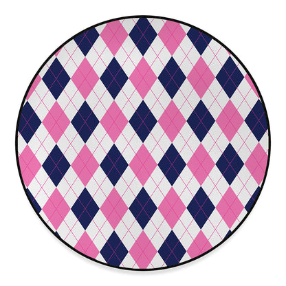 White Blue And Pink Argyle Pattern Print Round Floor Mat
