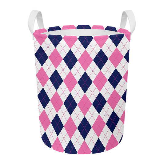 White Blue And Pink Argyle Pattern Print Round Laundry Basket