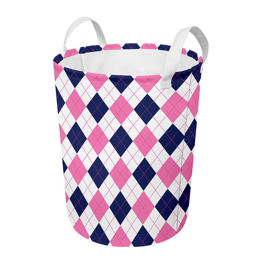 White Blue And Pink Argyle Pattern Print Round Laundry Basket