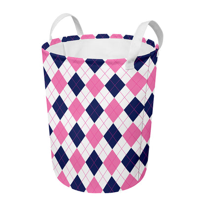 White Blue And Pink Argyle Pattern Print Round Laundry Basket