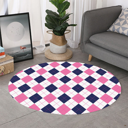 White Blue And Pink Argyle Pattern Print Round Rug