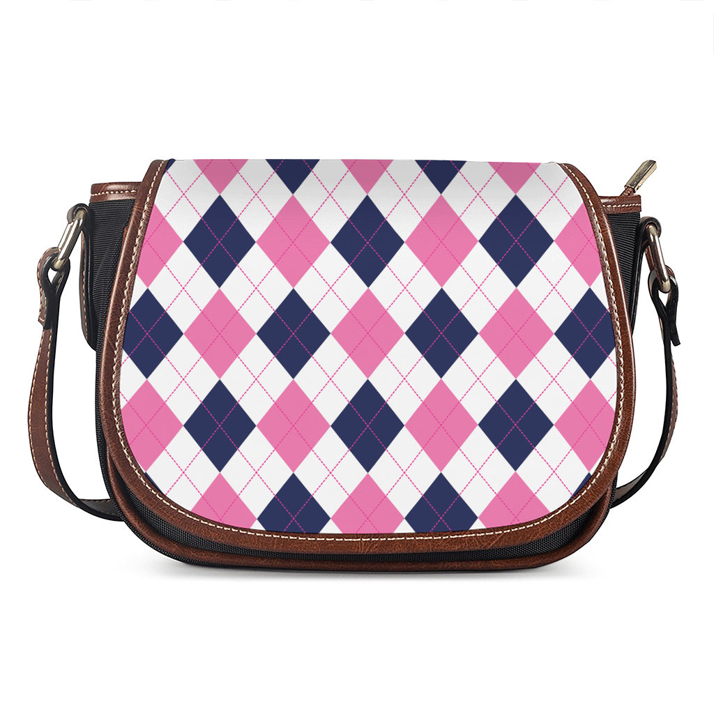 White Blue And Pink Argyle Pattern Print Saddle Bag