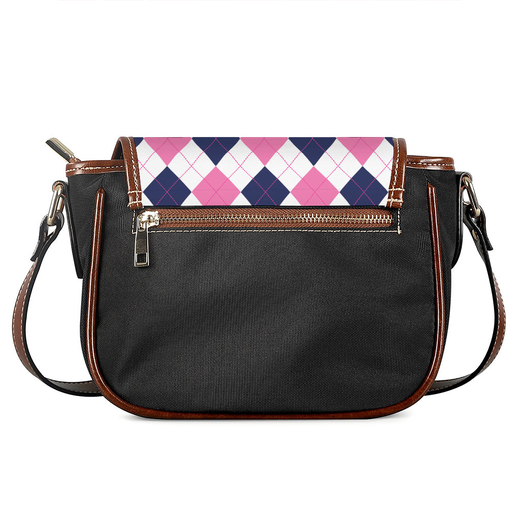 White Blue And Pink Argyle Pattern Print Saddle Bag