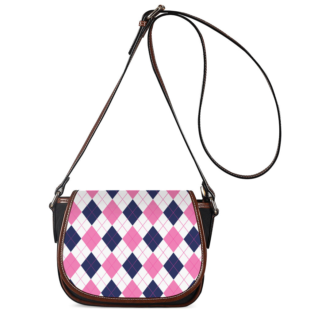 White Blue And Pink Argyle Pattern Print Saddle Bag