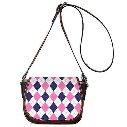 White Blue And Pink Argyle Pattern Print Saddle Bag