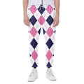 White Blue And Pink Argyle Pattern Print Joggers