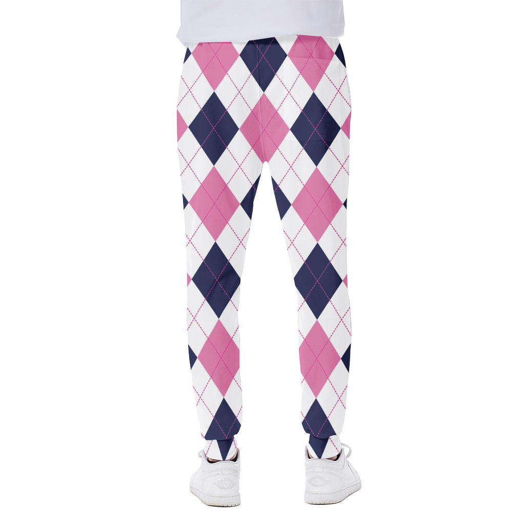 White Blue And Pink Argyle Pattern Print Scuba Joggers