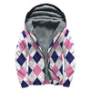 White Blue And Pink Argyle Pattern Print Sherpa Lined Zip Up Hoodie