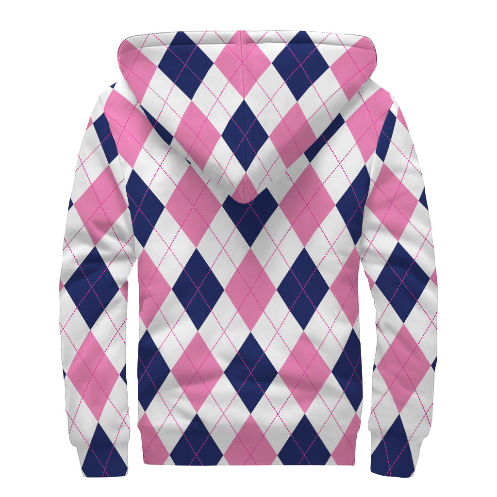White Blue And Pink Argyle Pattern Print Sherpa Lined Zip Up Hoodie