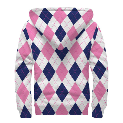 White Blue And Pink Argyle Pattern Print Sherpa Lined Zip Up Hoodie