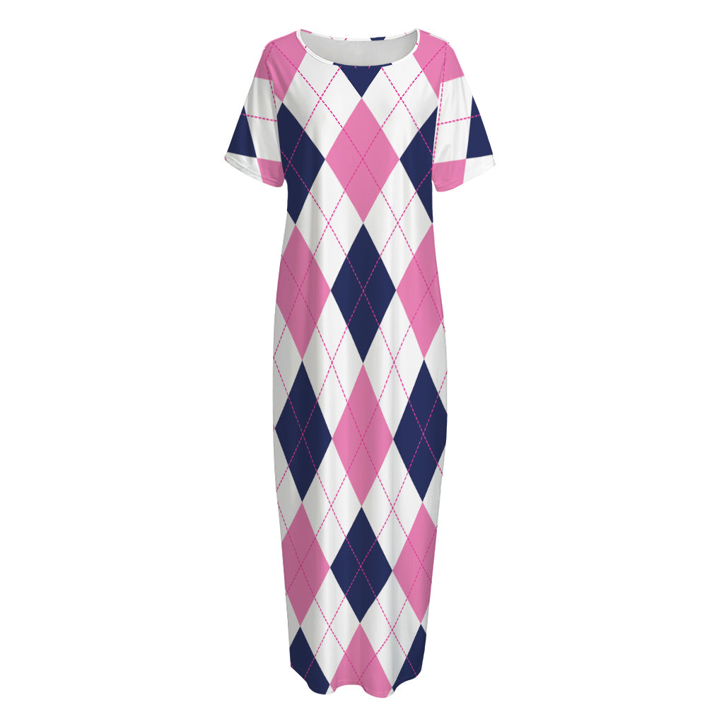 White Blue And Pink Argyle Pattern Print Short Sleeve Long Nightdress