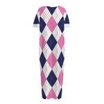 White Blue And Pink Argyle Pattern Print Short Sleeve Long Nightdress