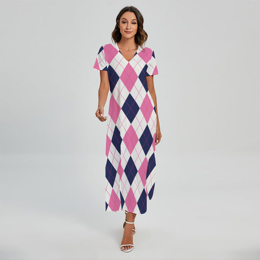 White Blue And Pink Argyle Pattern Print Short Sleeve Maxi Dress