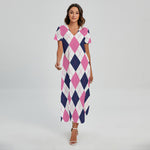 White Blue And Pink Argyle Pattern Print Short Sleeve Maxi Dress