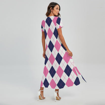 White Blue And Pink Argyle Pattern Print Short Sleeve Maxi Dress