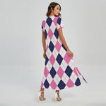 White Blue And Pink Argyle Pattern Print Short Sleeve Maxi Dress