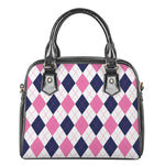White Blue And Pink Argyle Pattern Print Shoulder Handbag