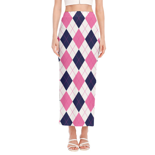 White Blue And Pink Argyle Pattern Print Side Slit Maxi Skirt