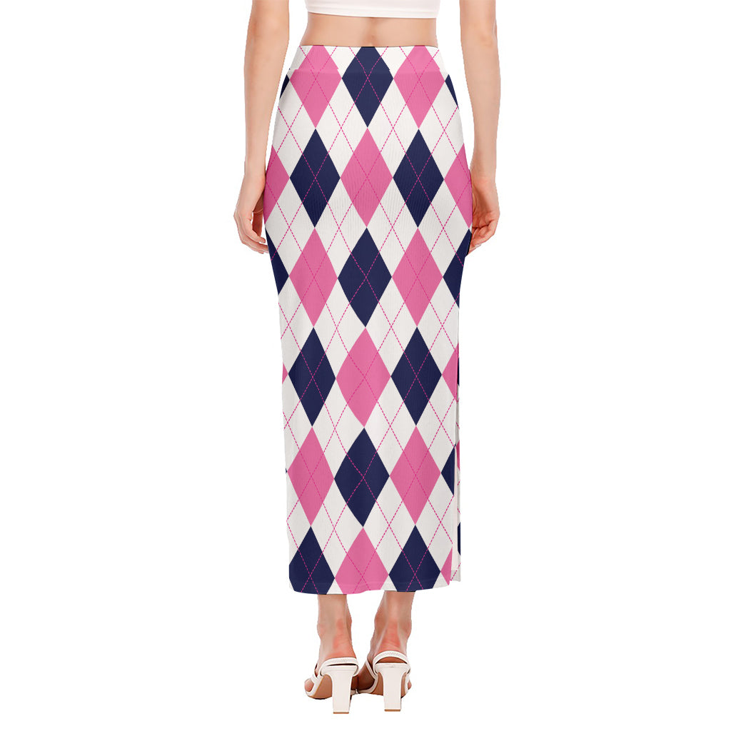 White Blue And Pink Argyle Pattern Print Side Slit Maxi Skirt