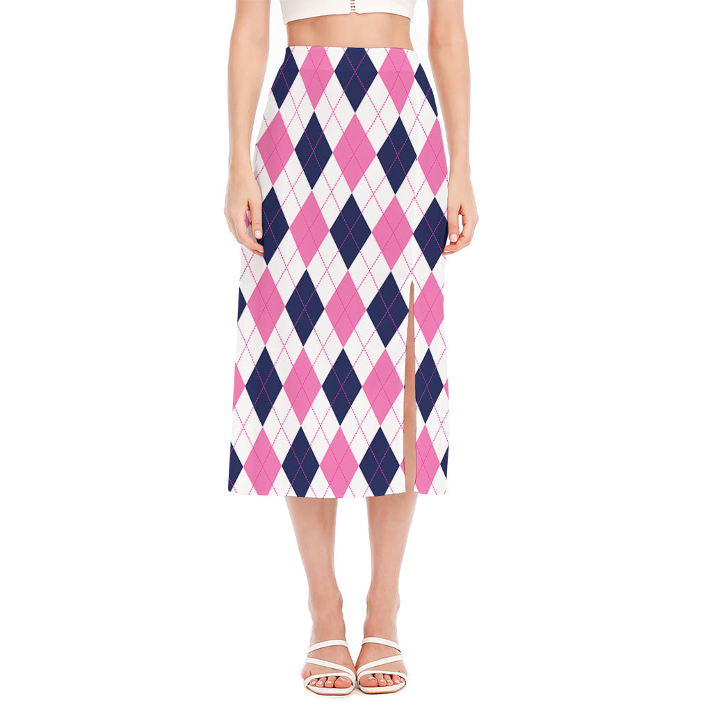White Blue And Pink Argyle Pattern Print Side Slit Midi Skirt