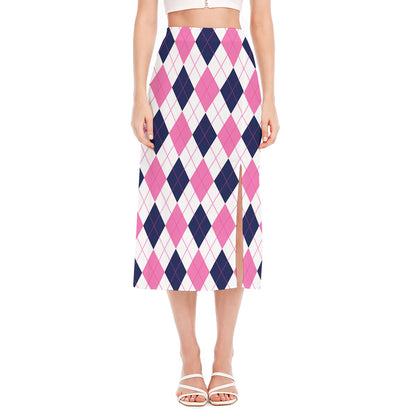 White Blue And Pink Argyle Pattern Print Side Slit Midi Skirt