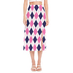 White Blue And Pink Argyle Pattern Print Side Slit Midi Skirt