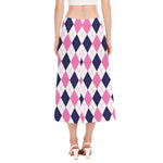 White Blue And Pink Argyle Pattern Print Side Slit Midi Skirt