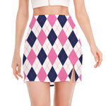 White Blue And Pink Argyle Pattern Print Side Slit Mini Skirt