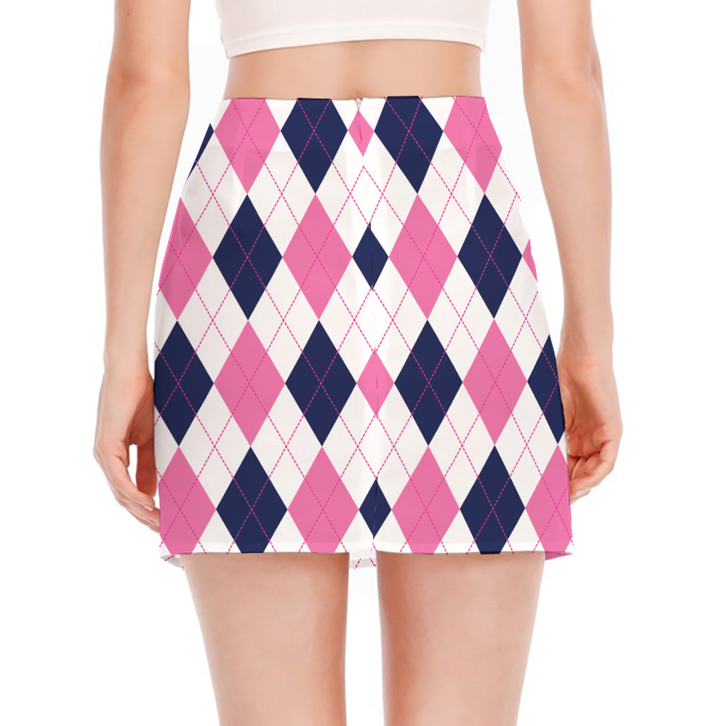 White Blue And Pink Argyle Pattern Print Side Slit Mini Skirt