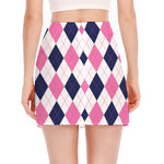 White Blue And Pink Argyle Pattern Print Side Slit Mini Skirt