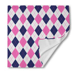 White Blue And Pink Argyle Pattern Print Silk Bandana