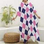 White Blue And Pink Argyle Pattern Print Silk V-Neck Kaftan Dress