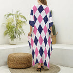 White Blue And Pink Argyle Pattern Print Silk V-Neck Kaftan Dress