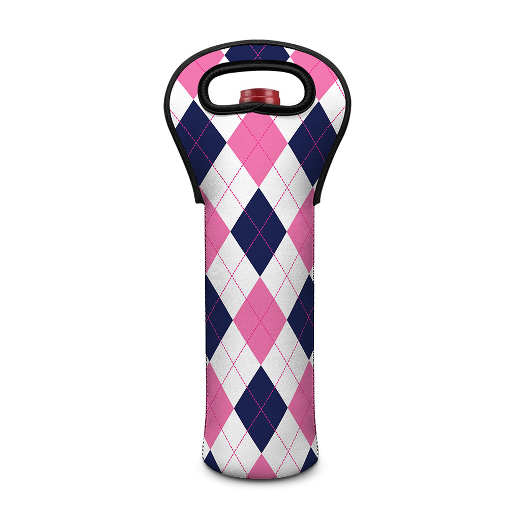 White Blue And Pink Argyle Pattern Print Single Neoprene Wine Tote