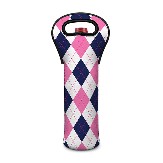 White Blue And Pink Argyle Pattern Print Single Neoprene Wine Tote