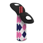 White Blue And Pink Argyle Pattern Print Single Neoprene Wine Tote
