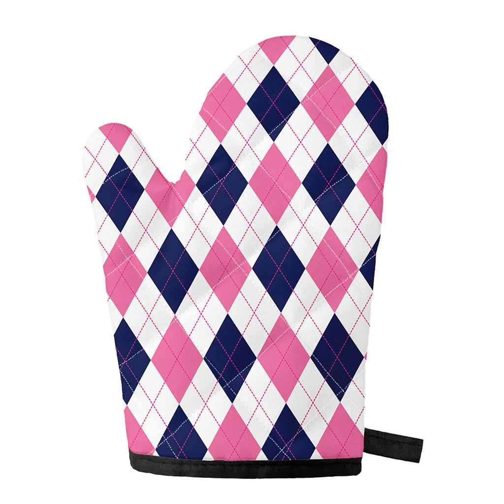 White Blue And Pink Argyle Pattern Print Single Oven Mitt