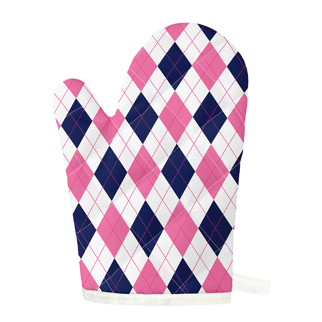 White Blue And Pink Argyle Pattern Print Single Oven Mitt