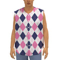 White Blue And Pink Argyle Pattern Print Sleeveless Baseball Jersey