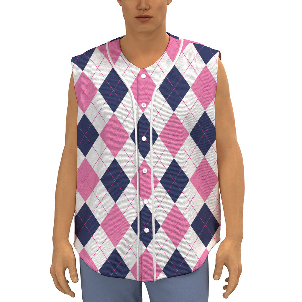 White Blue And Pink Argyle Pattern Print Sleeveless Baseball Jersey