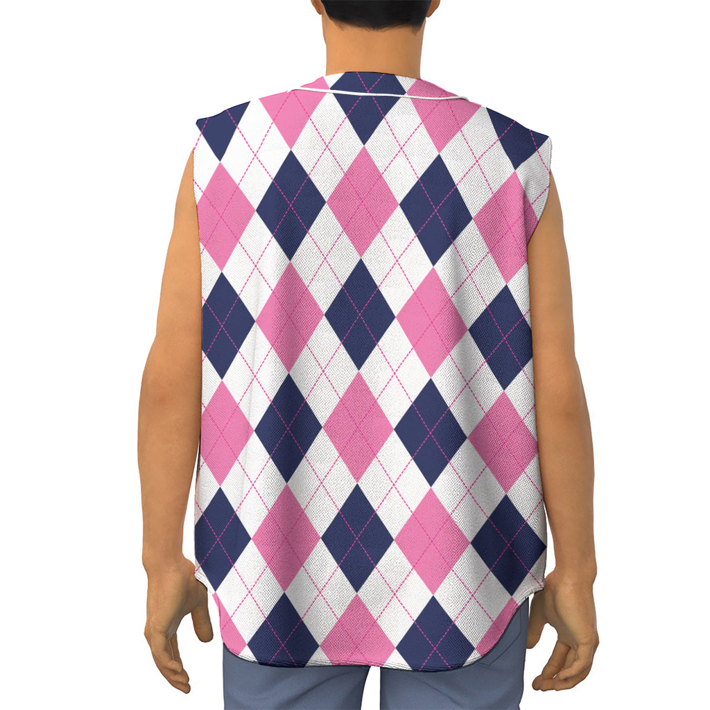 White Blue And Pink Argyle Pattern Print Sleeveless Baseball Jersey