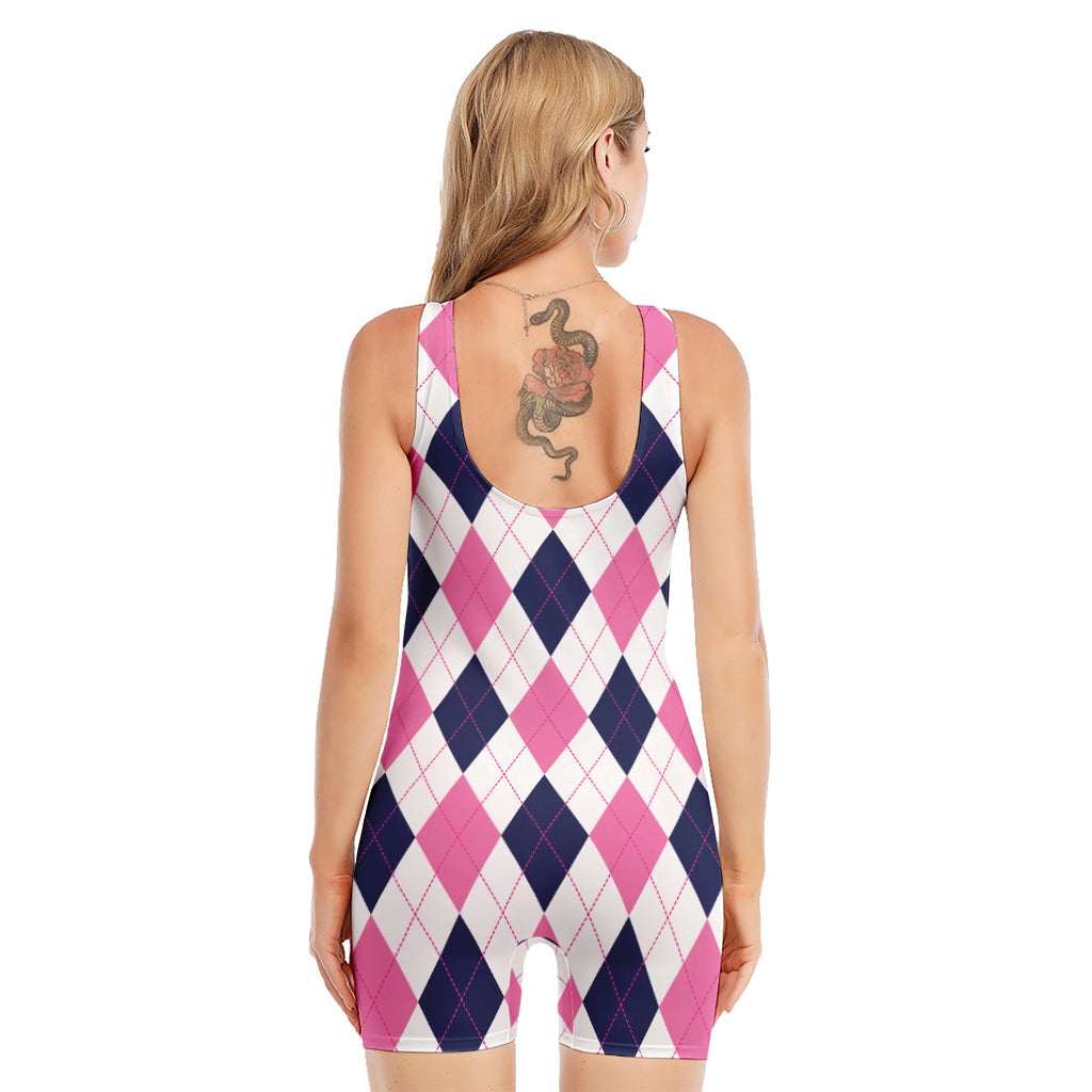 White Blue And Pink Argyle Pattern Print Sleeveless One Piece Swimsuit