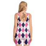 White Blue And Pink Argyle Pattern Print Sleeveless One Piece Swimsuit