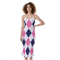 White Blue And Pink Argyle Pattern Print Slim Fit Midi Cami Dress