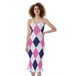 White Blue And Pink Argyle Pattern Print Slim Fit Midi Cami Dress