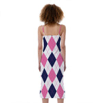 White Blue And Pink Argyle Pattern Print Slim Fit Midi Cami Dress