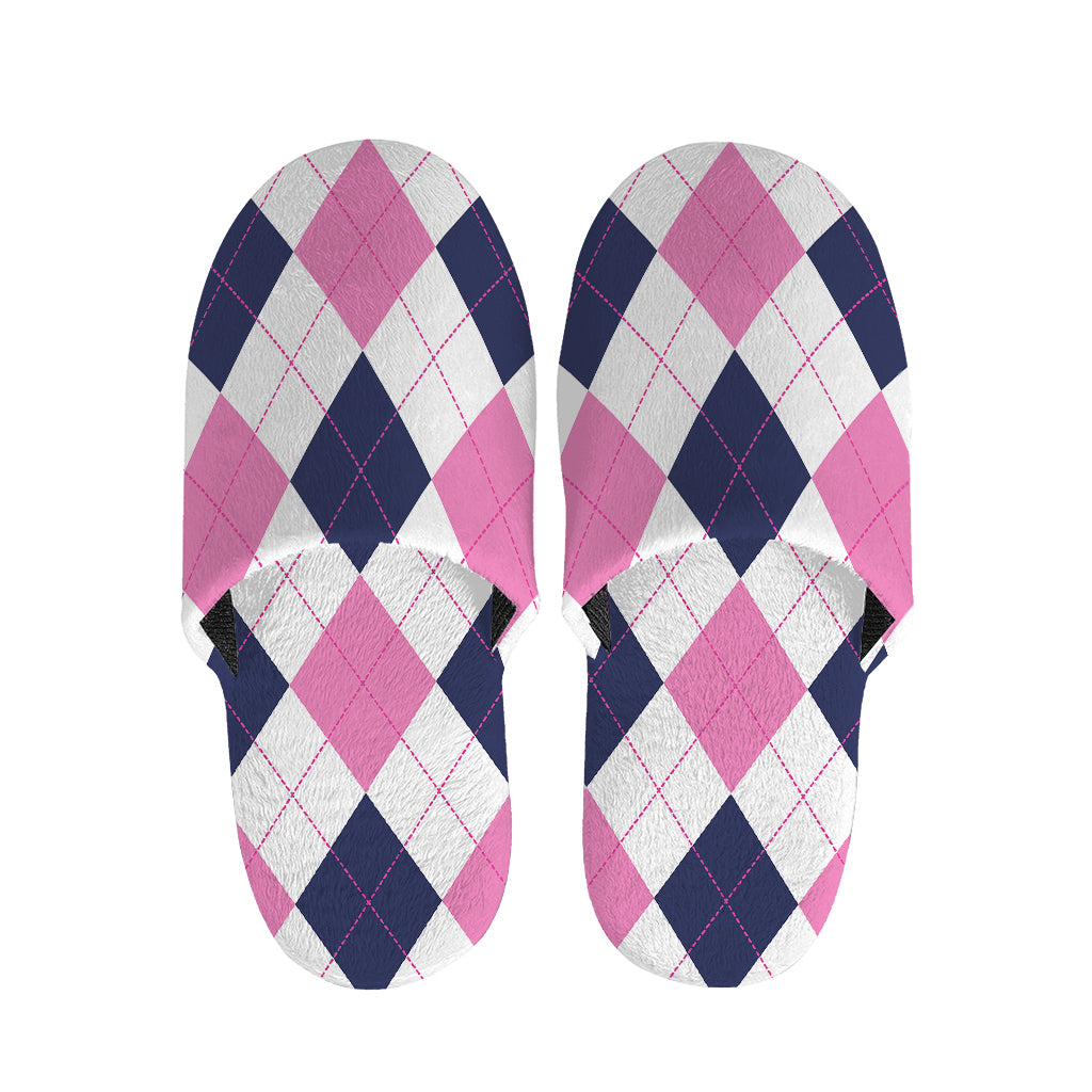 White Blue And Pink Argyle Pattern Print Slippers