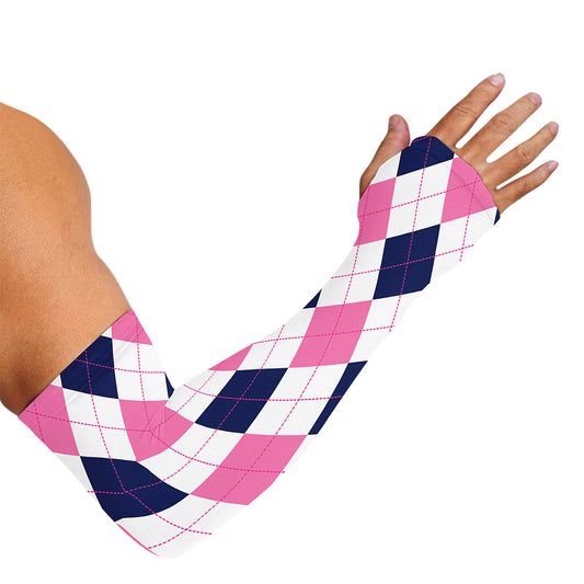 White Blue And Pink Argyle Pattern Print Sun Protection Arm Sleeves