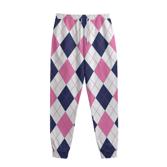 White Blue And Pink Argyle Pattern Print Sweatpants