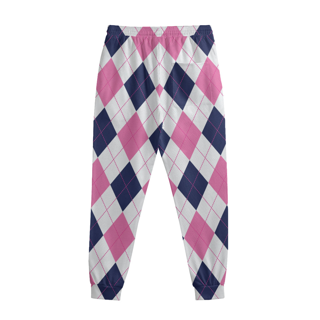 White Blue And Pink Argyle Pattern Print Sweatpants